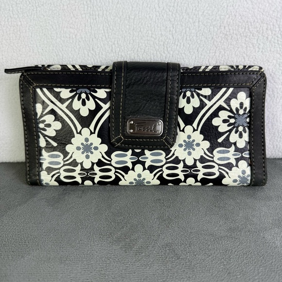 Fossil Black and White Flower Print Leather Wallet - Picture 1 of 8
